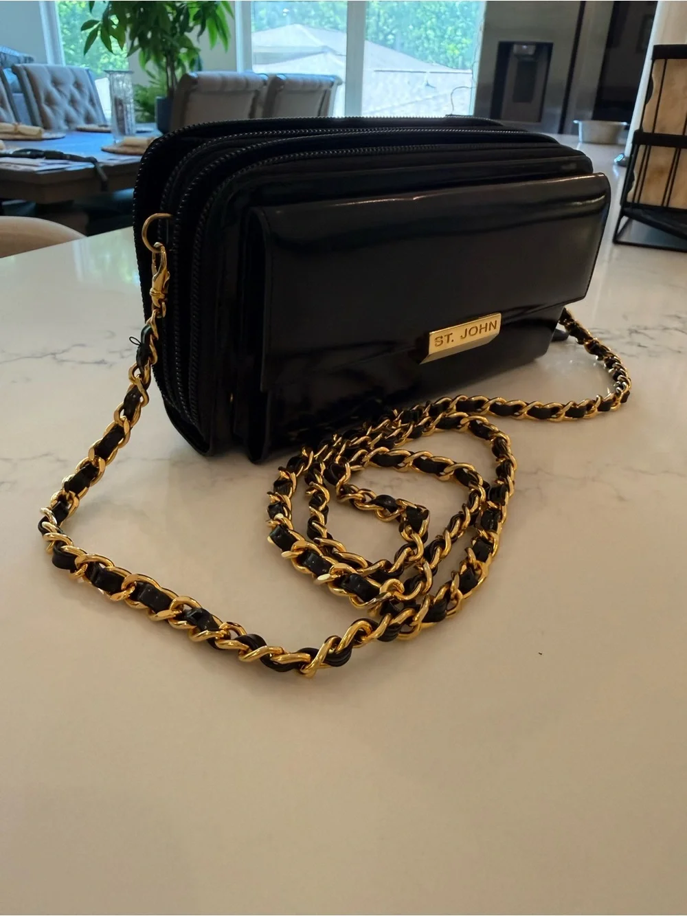 Vintage St. John Black Leather Crossbody with Gold Chain Strap - Picture 5 of 8